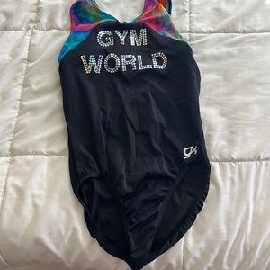 GK Black and tie-dye “Gym World” gymnastics leotard